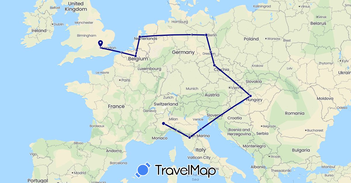 TravelMap itinerary: driving in Belgium, Czech Republic, Germany, United Kingdom, Hungary, Italy, Netherlands (Europe)